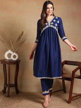 Women Navy Blue Silk Blend Embroidered A-Line Kurta Pant Set